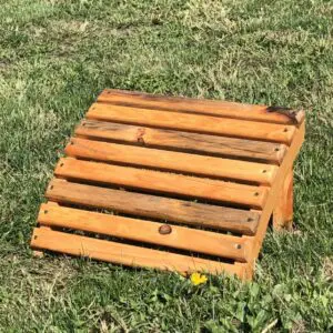 Wooden slatted pet ramp on grass.