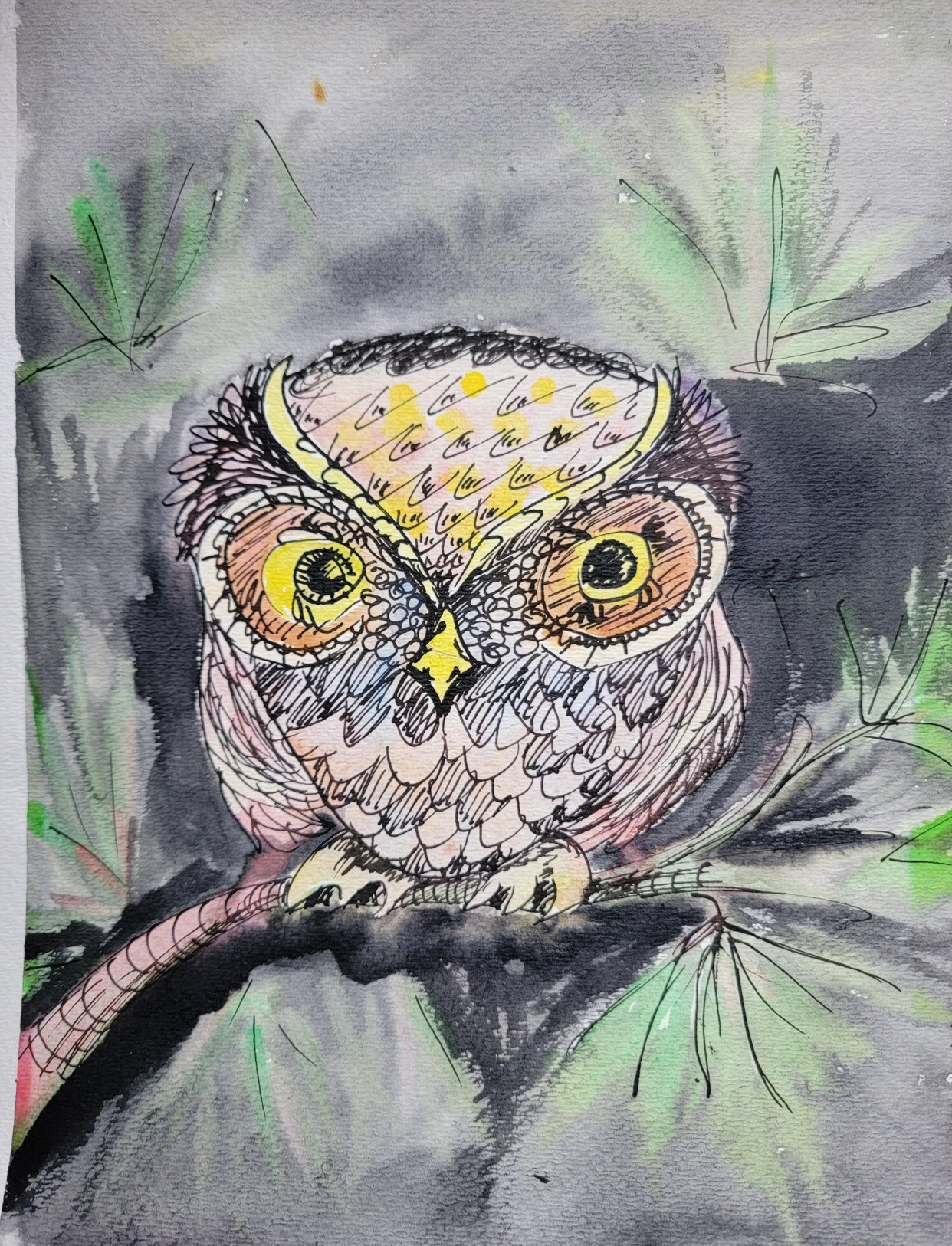 A colorful owl perched on a branch with detailed feathers and bright eyes.