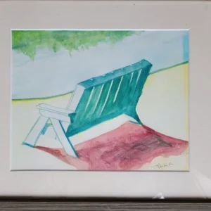 A watercolor painting of a green chair casting a shadow on the ground.