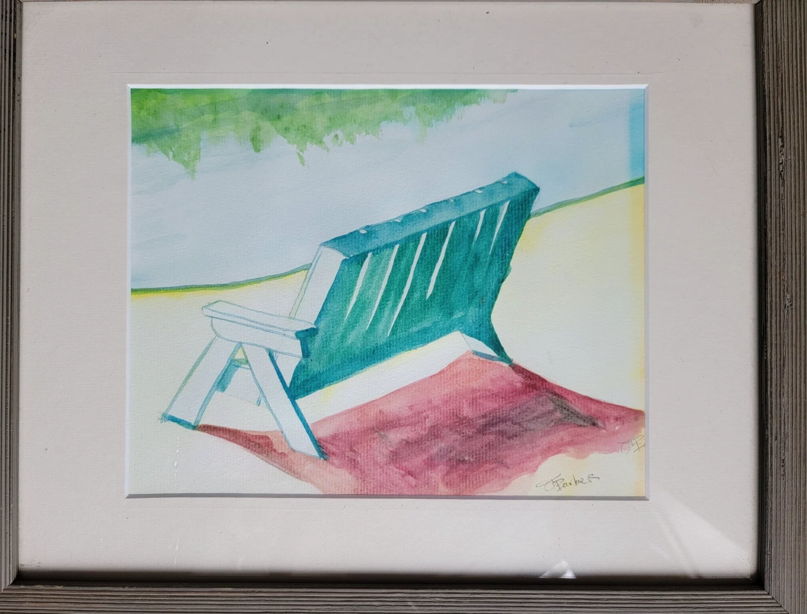 A watercolor painting of a green chair casting a shadow on the ground.