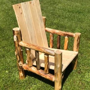 Rustic wooden chair crafted from logs with a natural finish.