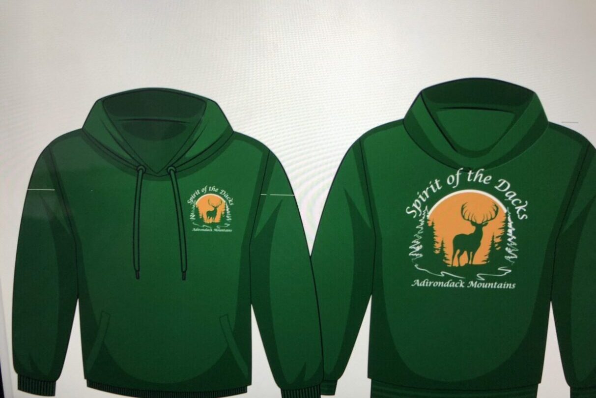 Green hoodies with a yellow dinosaur and text design.